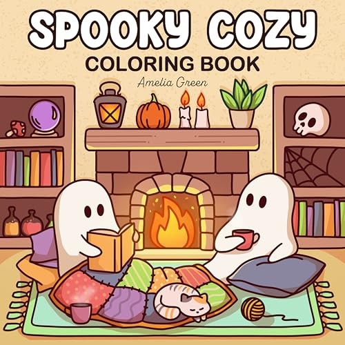 Cubierta de Spooky Cozy: Cute & Simple Coloring Book for Adults and Teens Featuring Adorable Characters, Creepy Creatures and Cozy Hygge Scenes for Relaxation